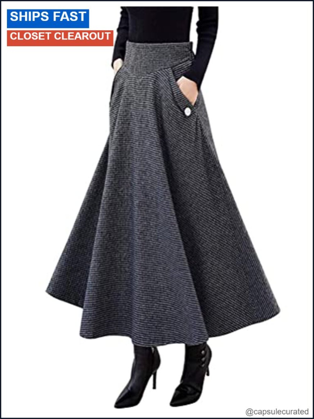 Wool Plaid A-Line Maxi Skirt with Pockets